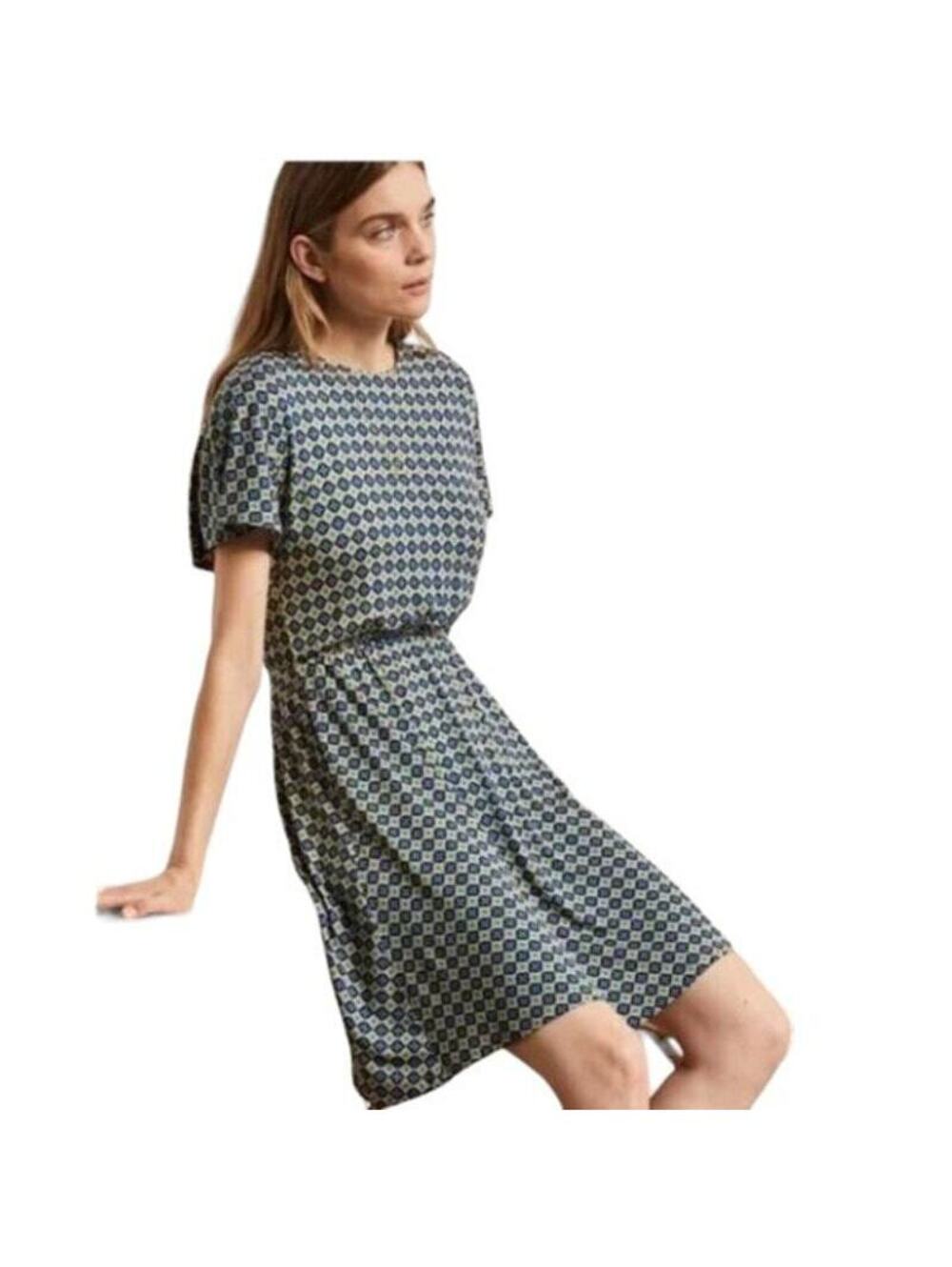 Boden EUC Women's Flutter Sleeve Jersey Dress English Ivy Diamond Print Blue 4R